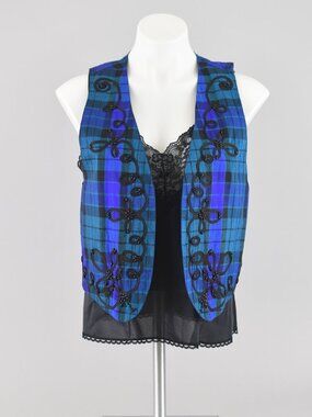 Vintage Liz Claiborne Blue Plaid  Beaded Silk Vest Waistcoat, Women's Small